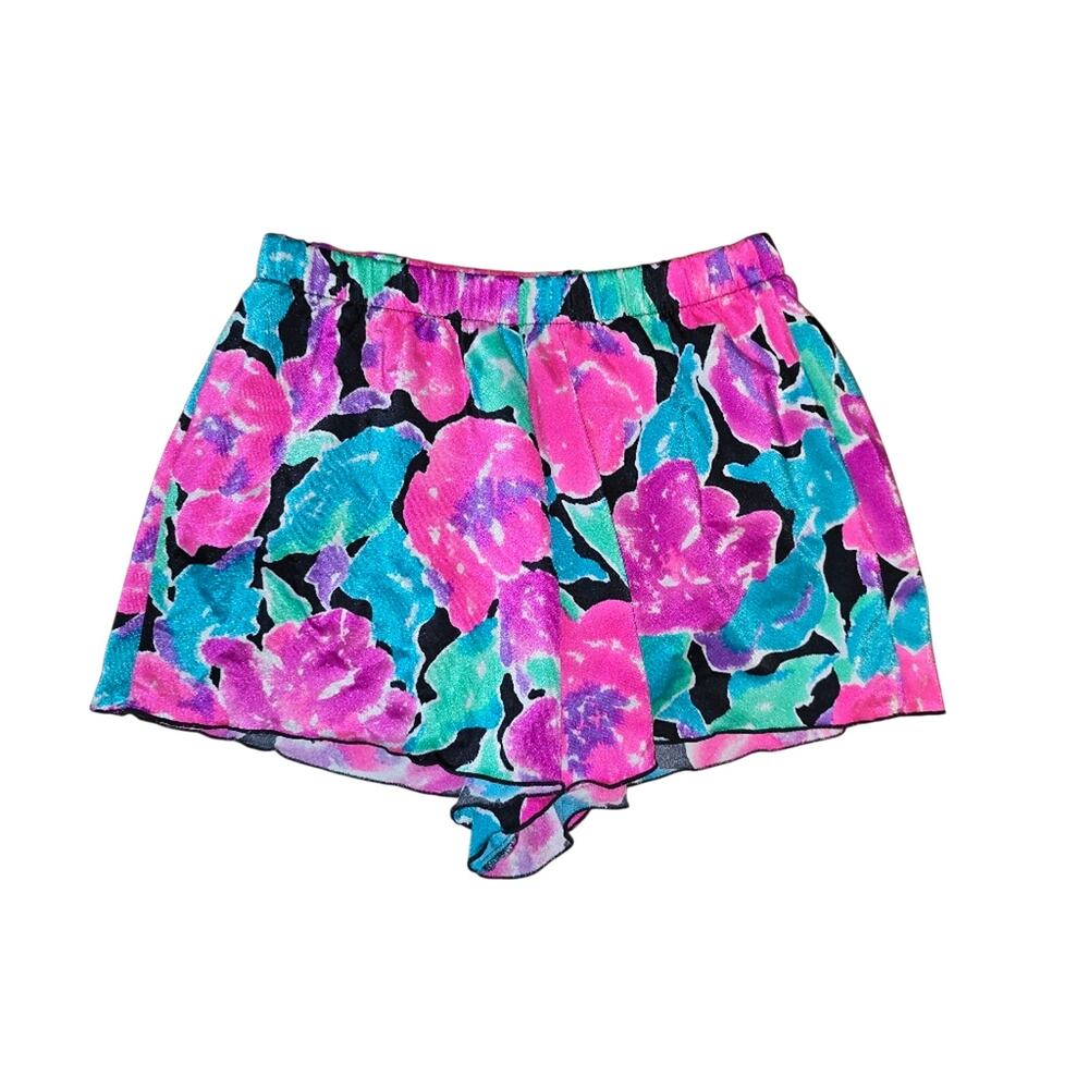 Pink and Blue Swim Coverup with Vibrant Floral Design Shorts Medium